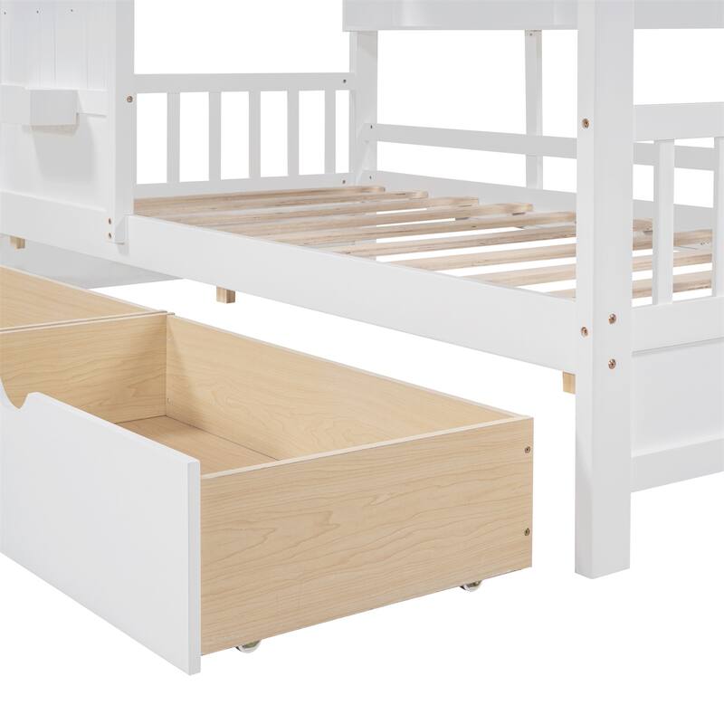 Wooden Twin Size House Bed with 2 Drawers and Storage Shelf