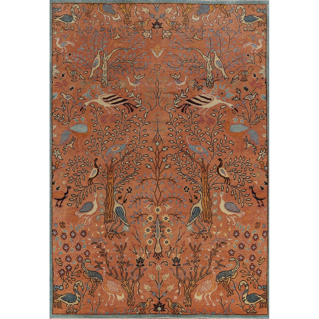 All-Over Floral Animals Ziegler Indian Area Rug Handmade Wool Carpet - 8'10" x 11'9"