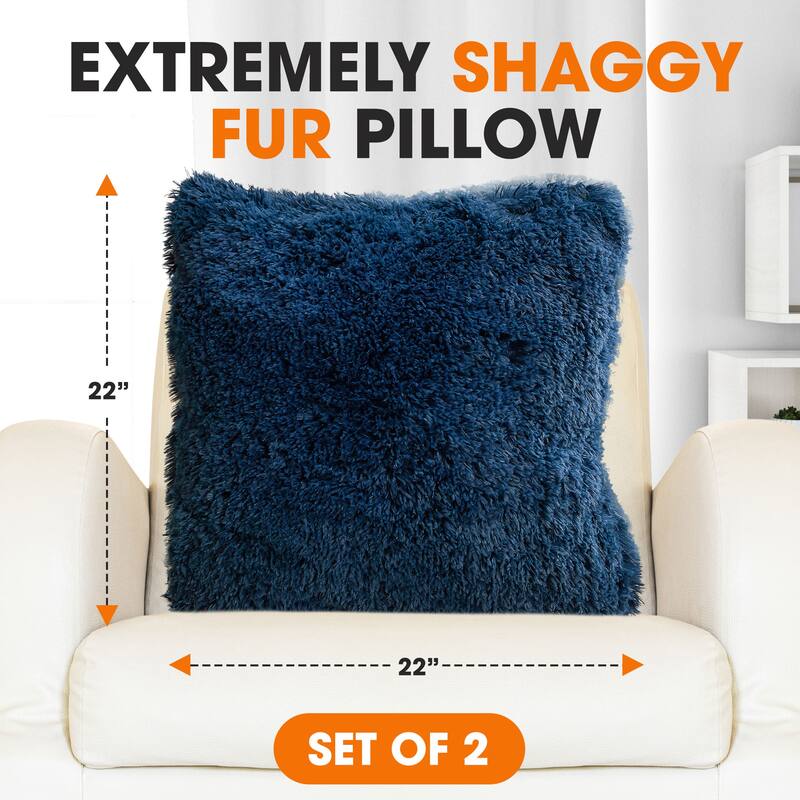 Cheer Collection Super Soft Shaggy Long Hair Throw Pillows Set of 2 Plush Accent Cushions