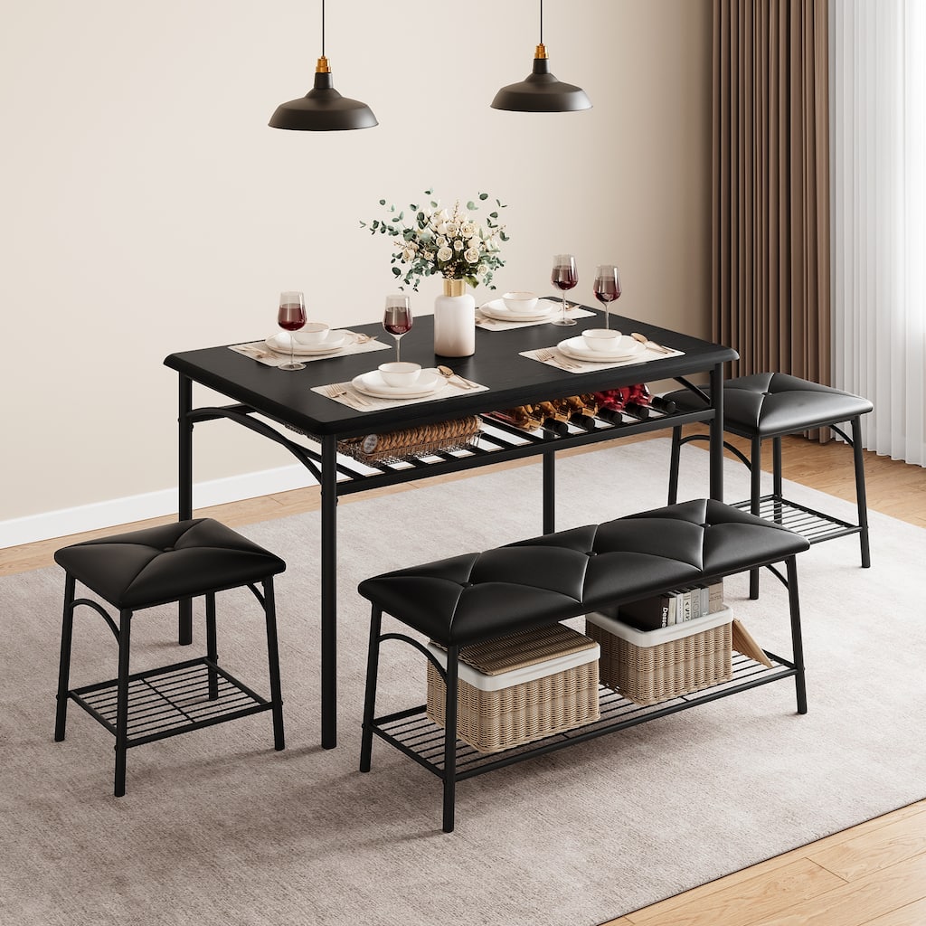 Kitchen Table with Bench, Dining Room Table Set for 4 with Upholstered Bench and Square Stools, Table Set with Storage -Black