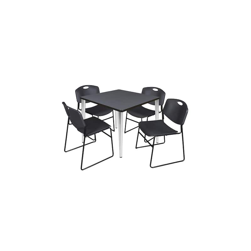 36 in. Square Breakroom Table- Grey Top, Chrome Base & 4 Stack Chairs- Black