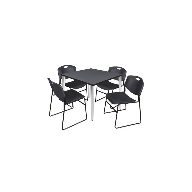 42 in. Square Breakroom Table- Grey Top, Chrome Base & 4 Stack Chairs- Black