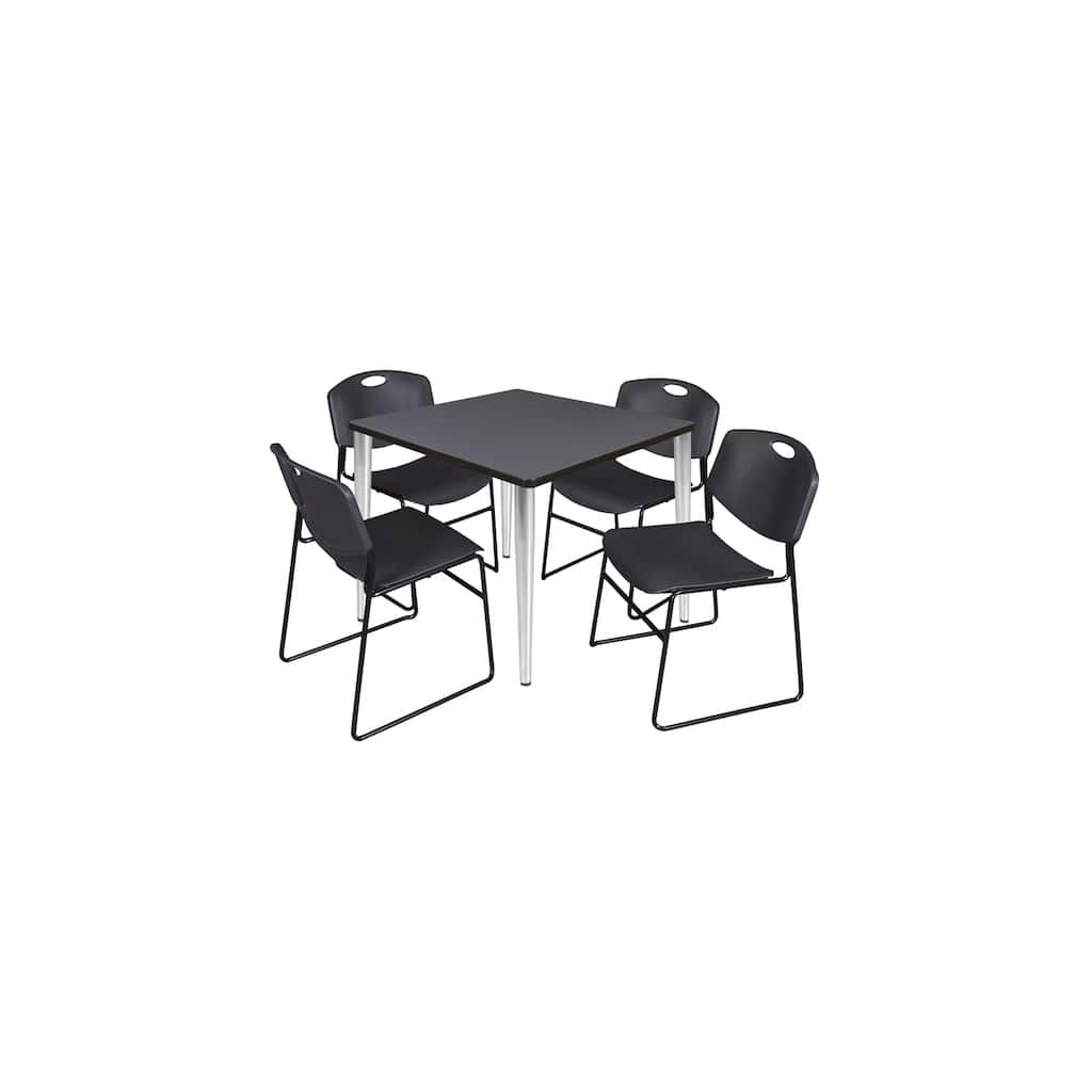 42 in. Square Breakroom Table- Grey Top, Chrome Base & 4 Stack Chairs- Black