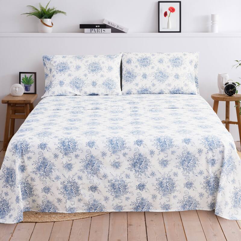 Floral Etching Cotton Sheet Set Light Blue