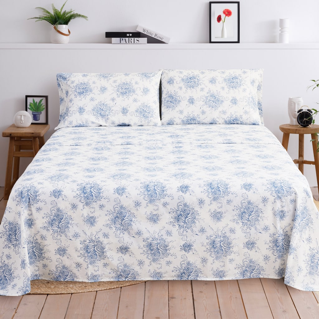 Floral Etching Cotton Sheet Set Light Blue