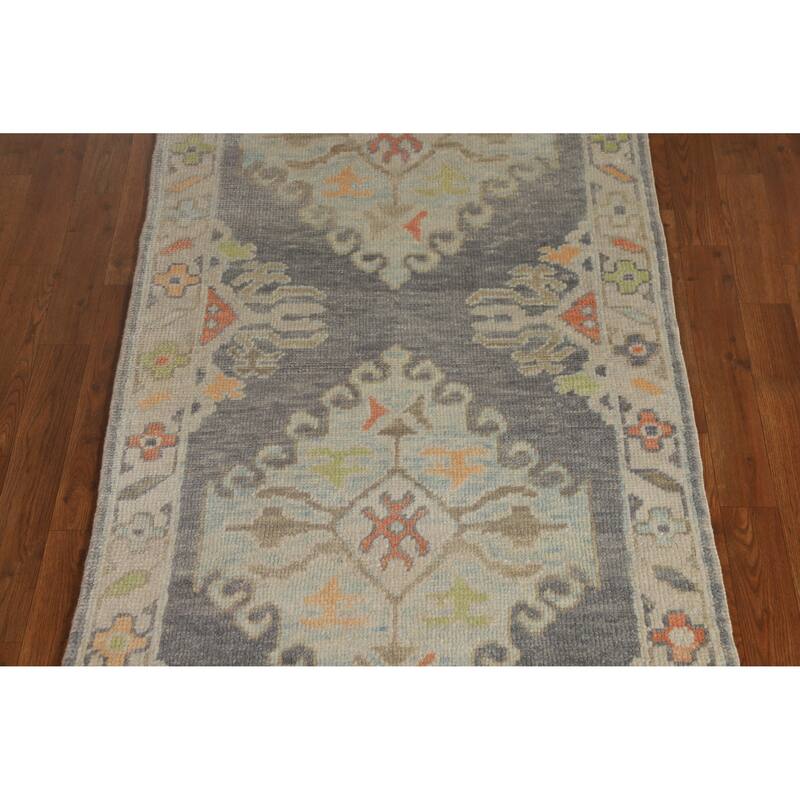 Hand Knotted Oriental 100% Wool Carpet Transitional Geometric Greys & Charcoal Oushak Runner Rug - 8' 4'' X 3' 1''