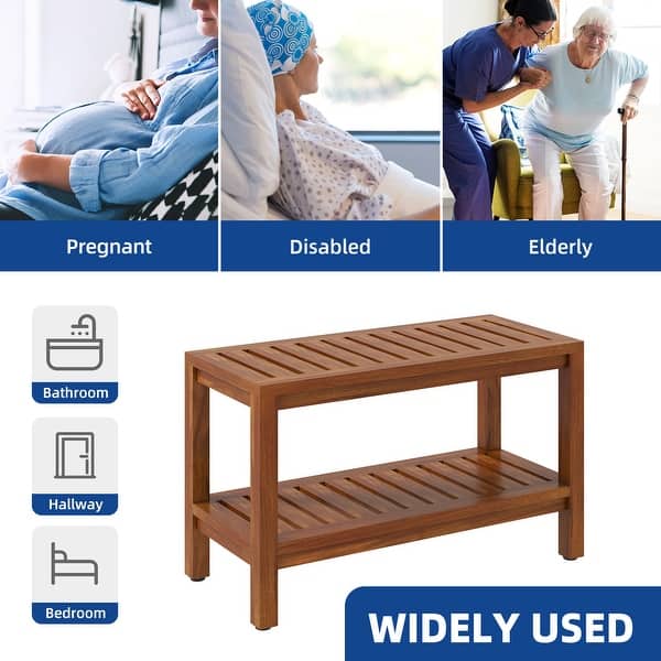 TeakCraft Freya Shower Bench With Shelf - 30 Inch Fully Assembled Teak Wood Bathroom Seat