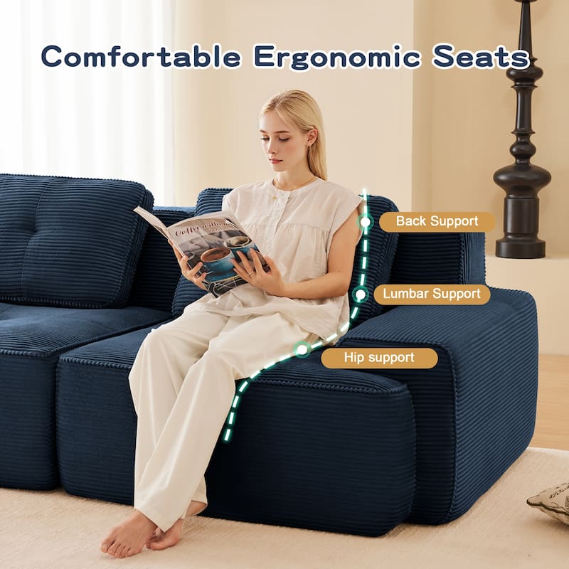 Roomfitters No Assembly Modular Sofa, 117 Inch Corduroy 3-Seater with Piping, Blue