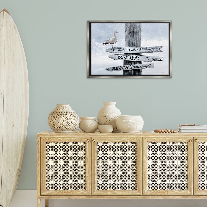 Stupell Vacation Beach Signs with Seagull Framed Floater Canvas Wall Art Design By Robin-Lee Viera