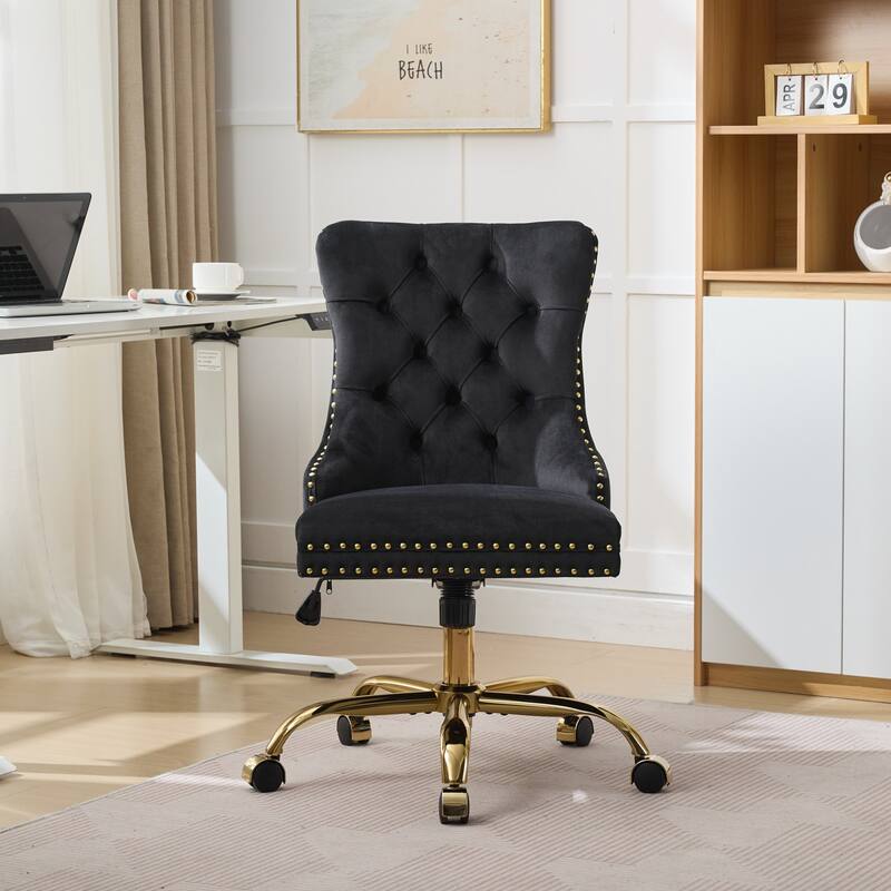 A&A Gray Velvet Tufted Home Office Chair with Golden Metal Base - Adjustable Swivel Desk Chair - Black