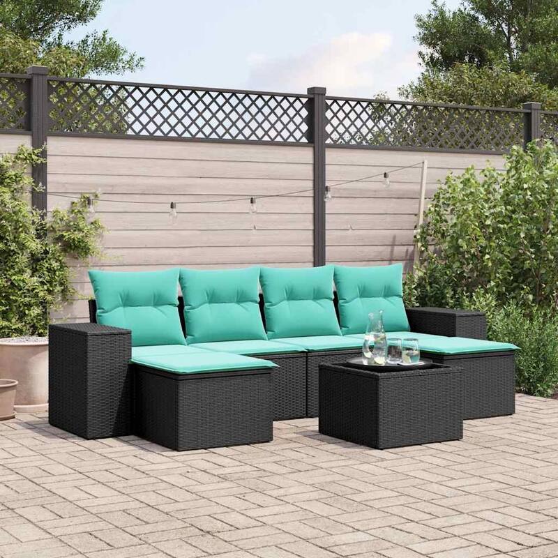 vidaXL 6/7 Piece Patio Sofa Set with Cushions Black/Brown/Gray Poly Rattan - 21.7 x 24.4 x 27.2 - Black and blue With table