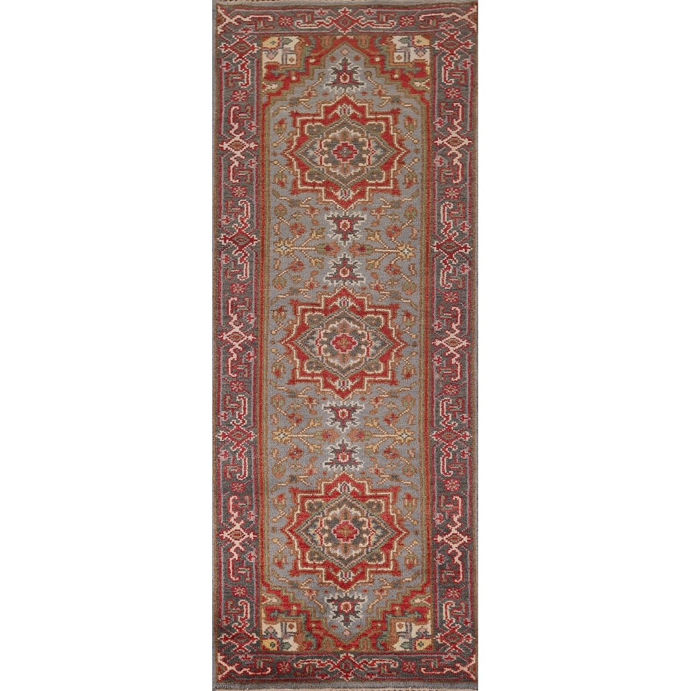 Gray Geometric Kazak Oriental Runner Rug Handmade Wool Carpet - 2'6"x 7'11"