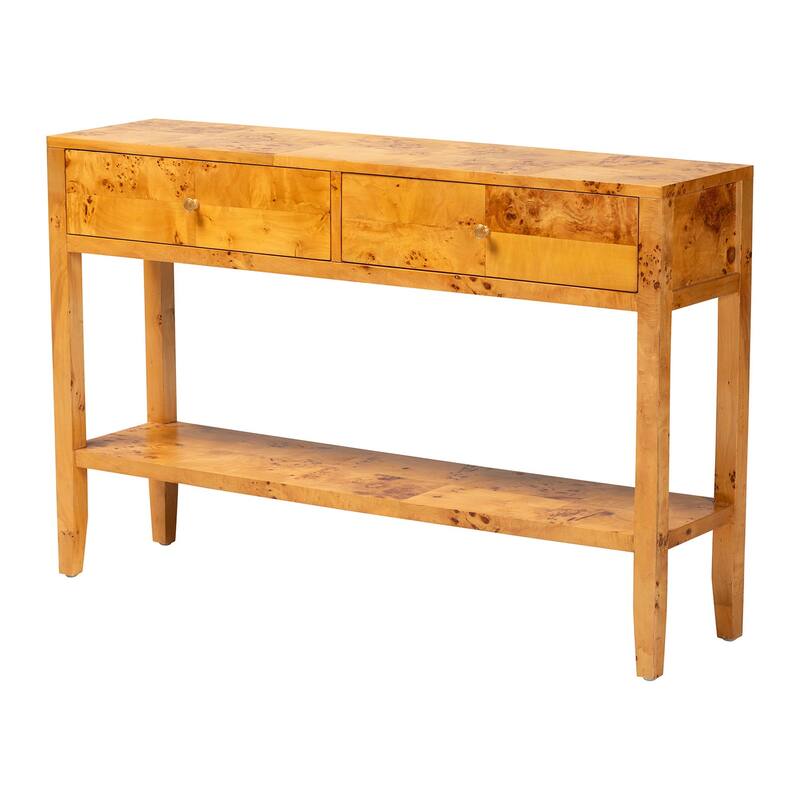 Ghina Modern and Contemporary Natural Light Mappa Real Burl Wood 2-Drawer Console Table - Natural