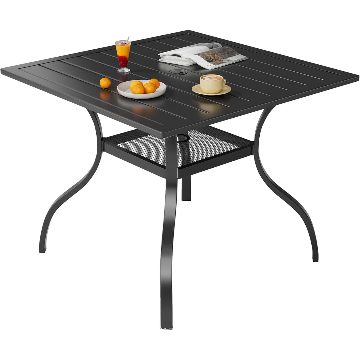 37" Black Square Rectangular Outdoor Patio Metal Steel Slatted Dining Table with Umbrella Hole