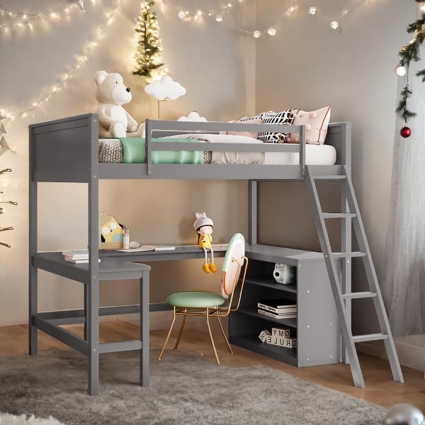slide 2 of 19, Elegant Full size Loft Bed with Shelves, Ladder and Desk, Health and Comfort, Solid Construction & Versatility Galore, Grey Grey