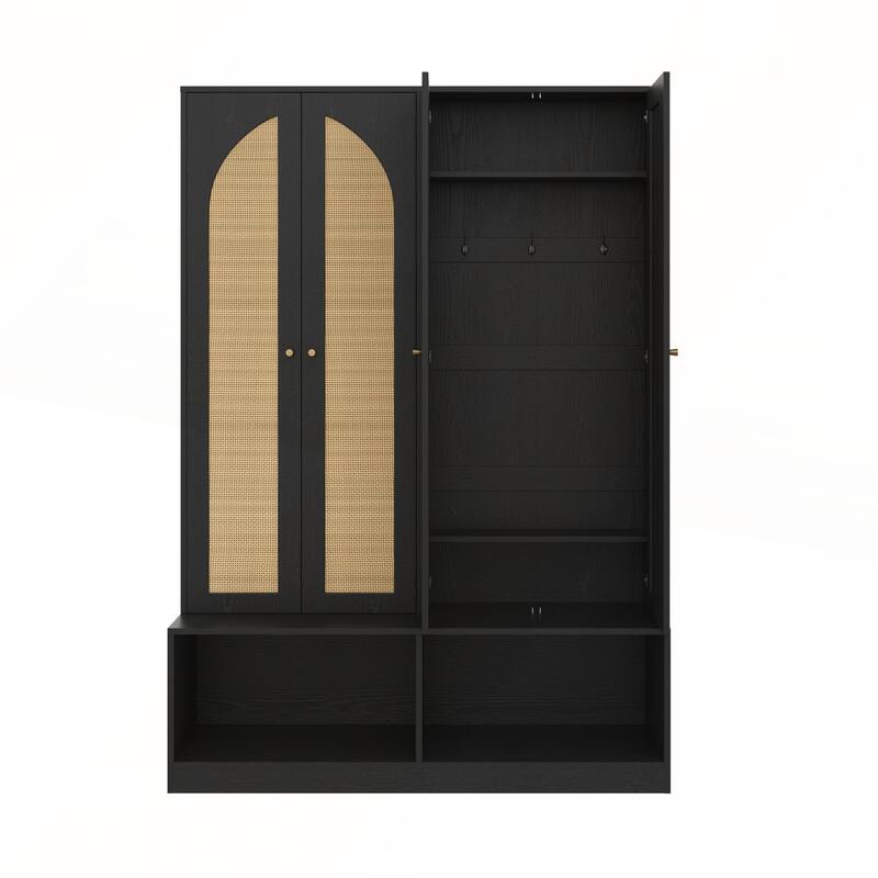 4-In-1 Farmhouse Widen Hall Tree with 4 Rattan Doors