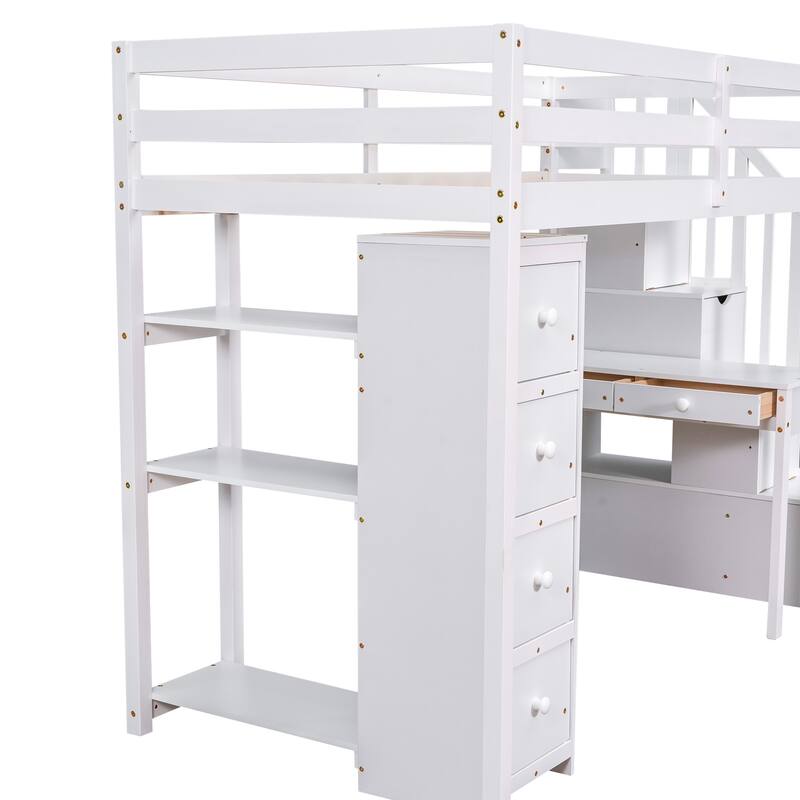White Twin Loft Bed with Storage Drawers, Desk, Shelves and Stairs - Space Saving Wooden Design