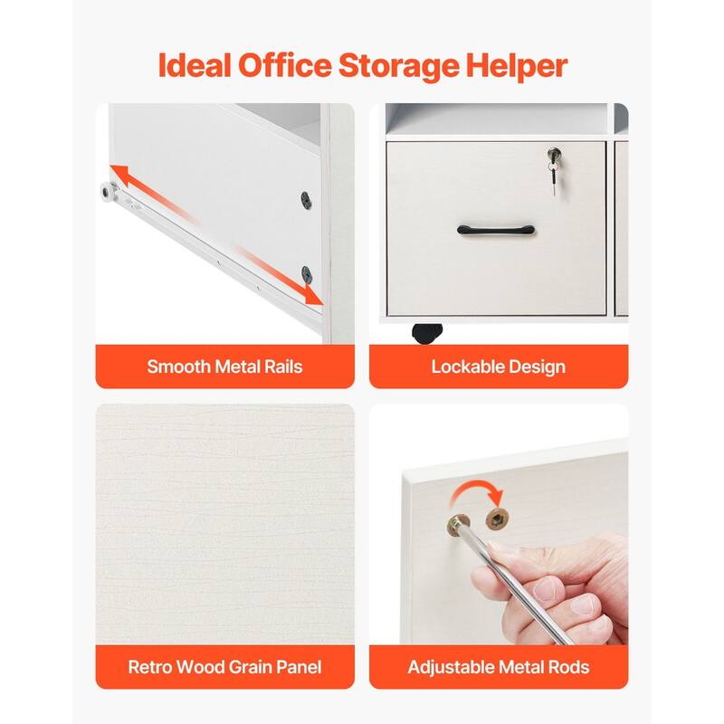 White Particle Board Mobile File Cabinet with 2 Lockable Drawers 4 Shelves and Casters