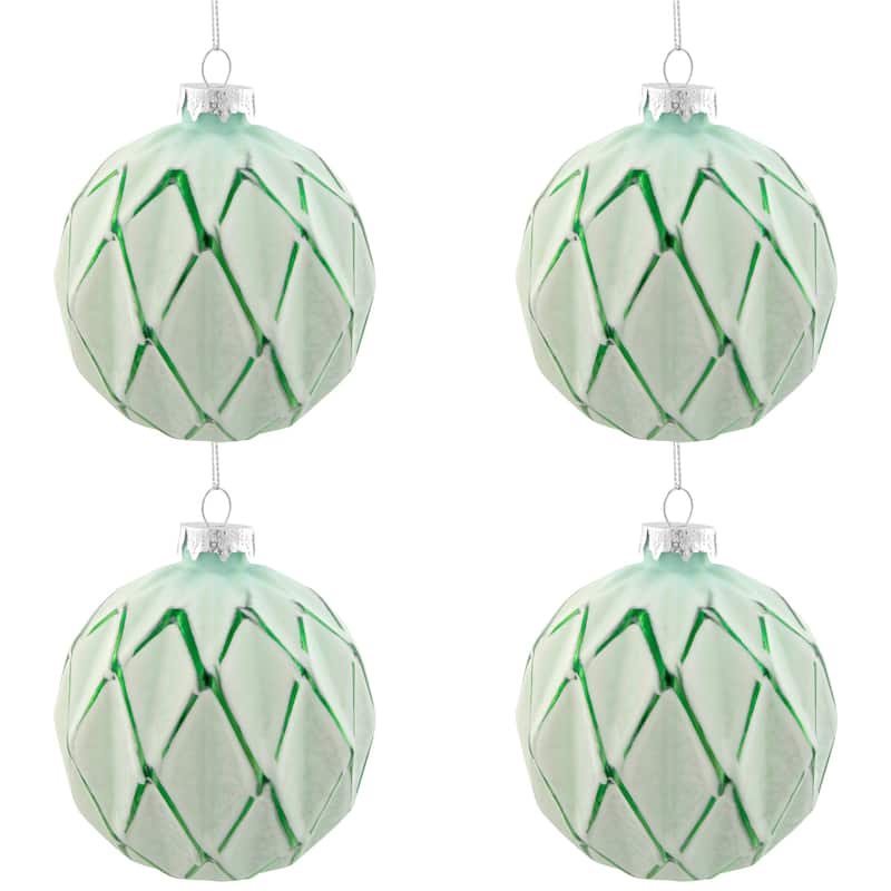 Harlequin Christmas Glass Ball Ornaments - 4" (100mm) - Mint Green - 4ct