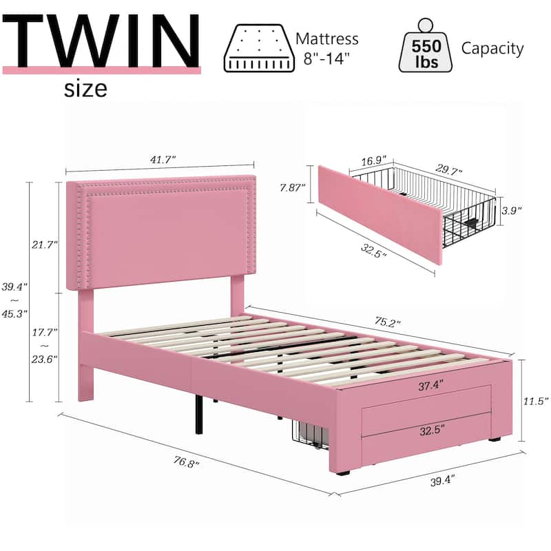 VECELO Set of 2 Twin Beds with Rolling Underbed Drawer Height Adjustable Headboard Rivet-Trimmed Headboard Twin Beds