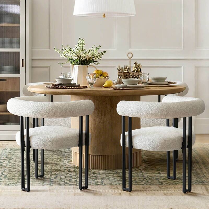 Boucle Beige Upholstered Arm Chair(Set of 2)