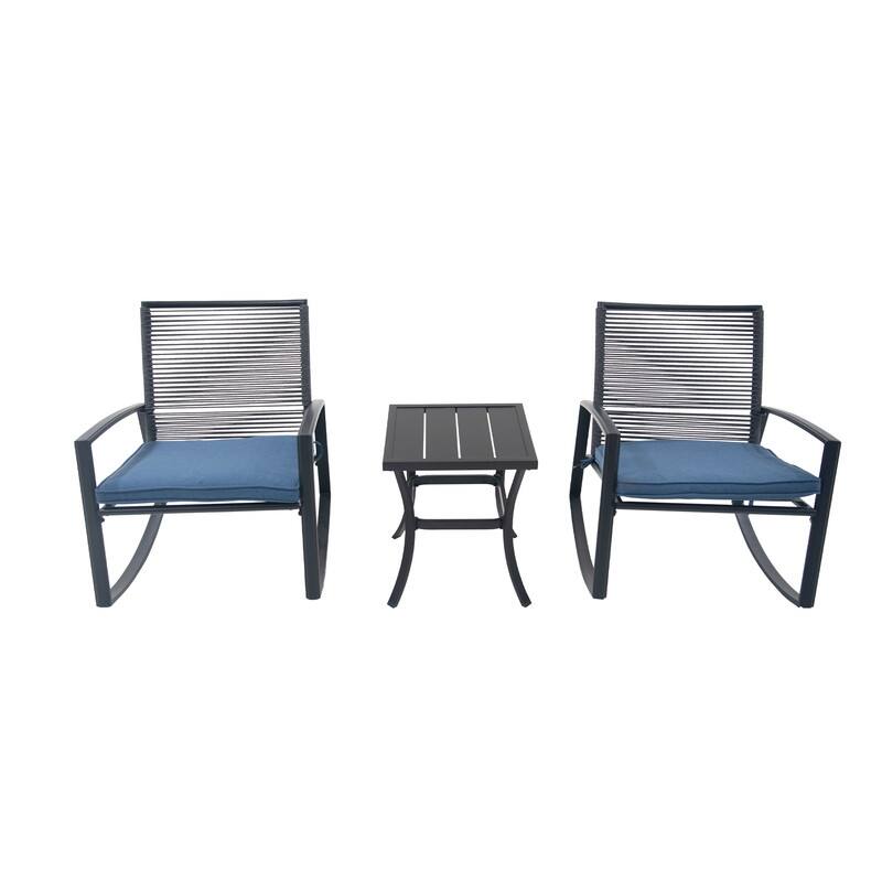 Domi Outdoor 3-Piece Wicker Rocking Chair Set, Patio Conversation Set with Removable Textilene Cushions & Metal Coffee Table