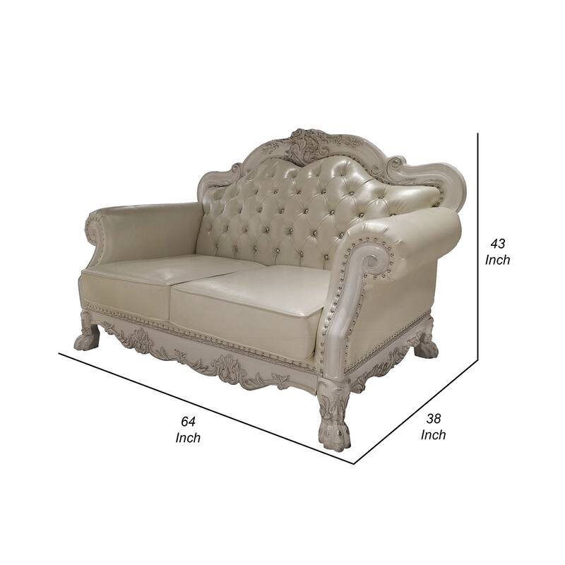 Ally Loveseat with 3 Pillows, 64 Inch Wood, Vintage White Faux Leather