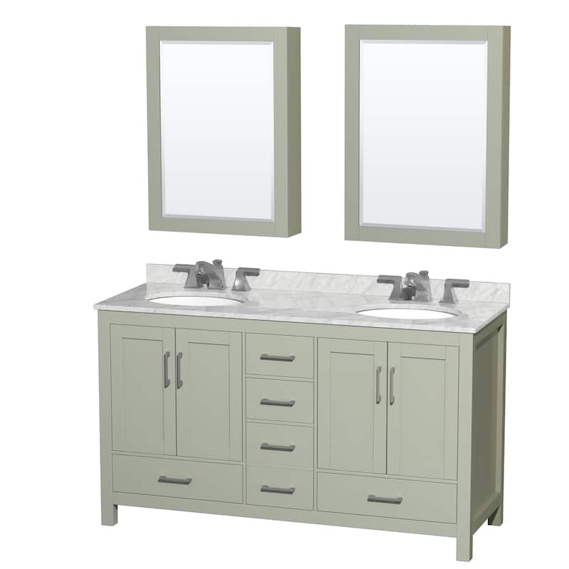 Wyndham Collection Sheffield Double Vanity Set, Medicine Cabinets - 60-Inch Double - Light Green, White Carrara Marble Top, Nickel Trim