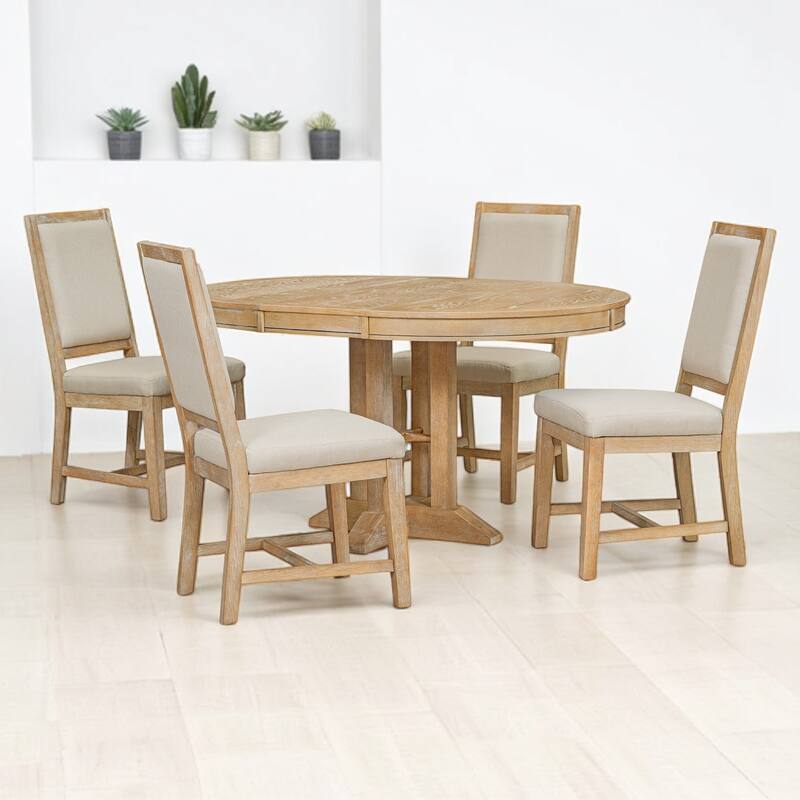5-Piece Dining Table Set with Extendable Round Table, 4 Upholstered Chairs, MDF & Rubber Wood Frame, Kitchen Set for Dining Room