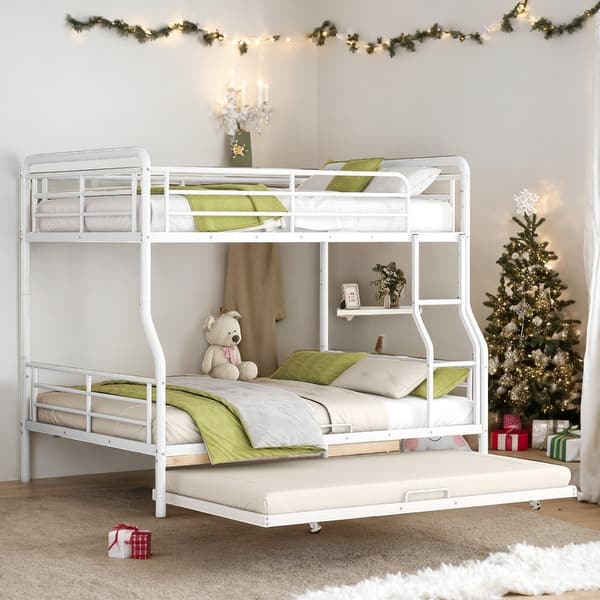 slide 2 of 28, Modern Full XL Over Queen Bunk Bed with Twin Size Trundle,Save Space or Split Into 2 Beds White