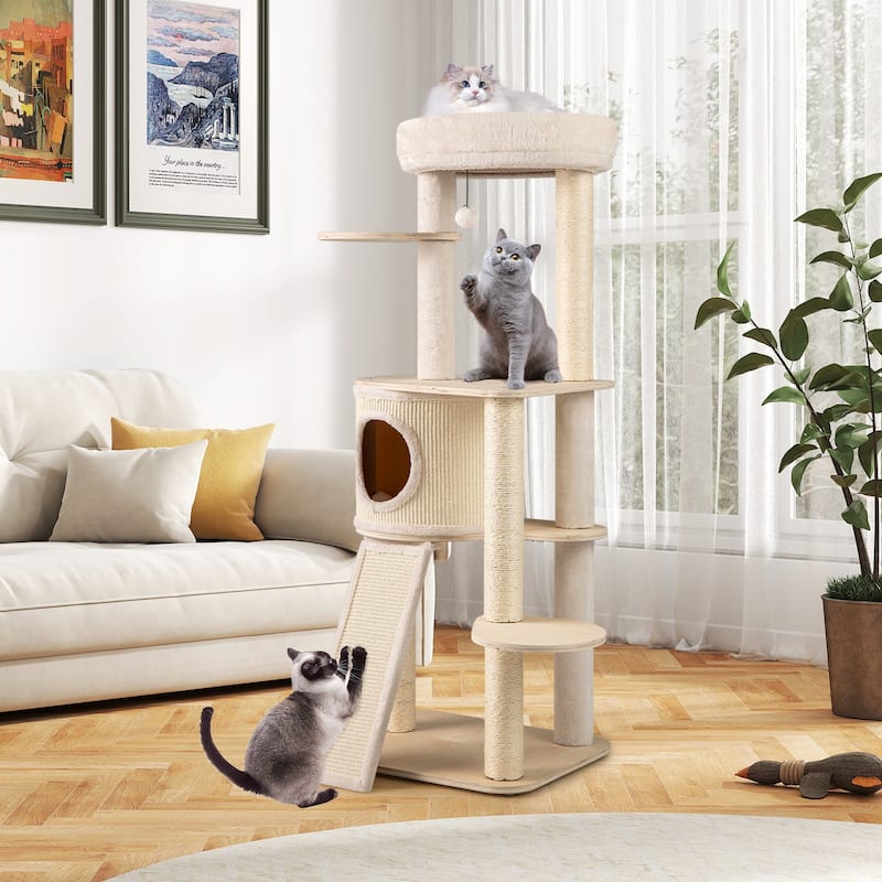 Gymax 56'' Tall Cat Tree Wooden Kitten Tower w/Sisal Scratching Posts