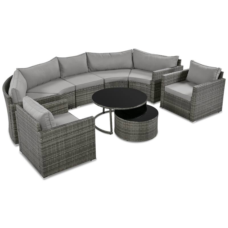 9-Piece Curved Outdoor Wicker Sectional Sofa Set with Overlapping Coffee Tables, Cushions, Modular Half-Moon Design