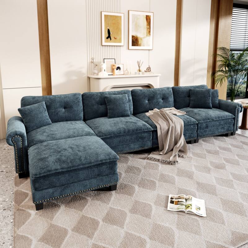 MAISON ARTS Mid-Century Modern Oversized L/U Shaped Cloud Couch with Ottoman, Deep Seat Sectional Sofa with Throw Pillows - L-Shaped Blue Chenille/5-Seater