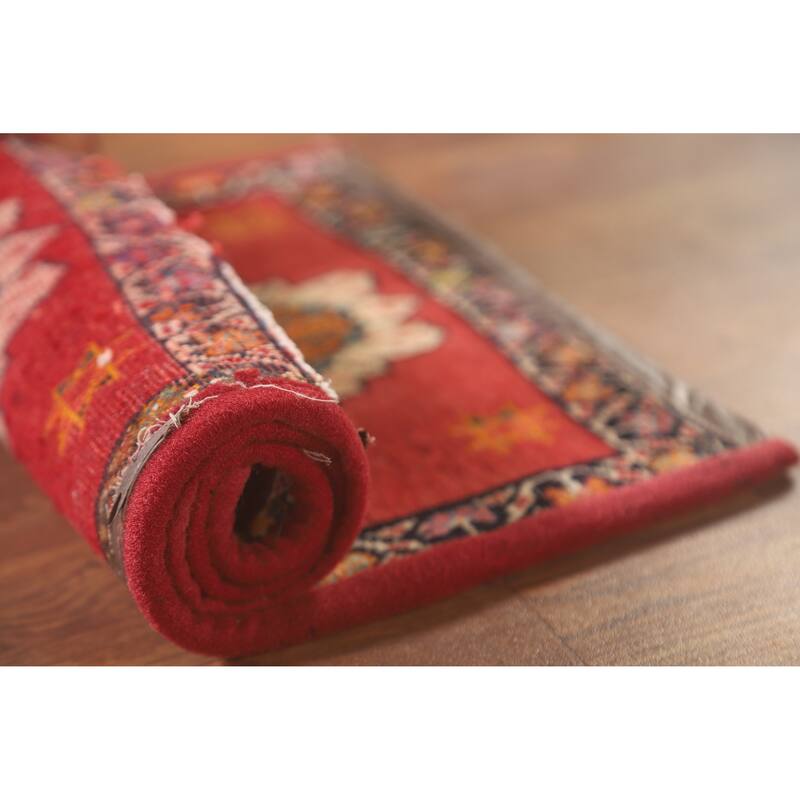 Red Geometric Saddle Bag Persian Accent Rug Hand-Knotted Wool Carpet - 1'1" x 2'7"