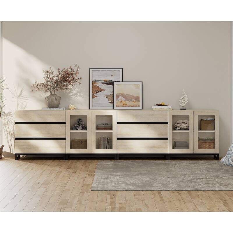 4 in 1 Modern Dresser with Glass Doors and 6 Drawers,Storage Cabinet with Adjustable Shelves, Chest of Drawers - Beige - 6-drawer
