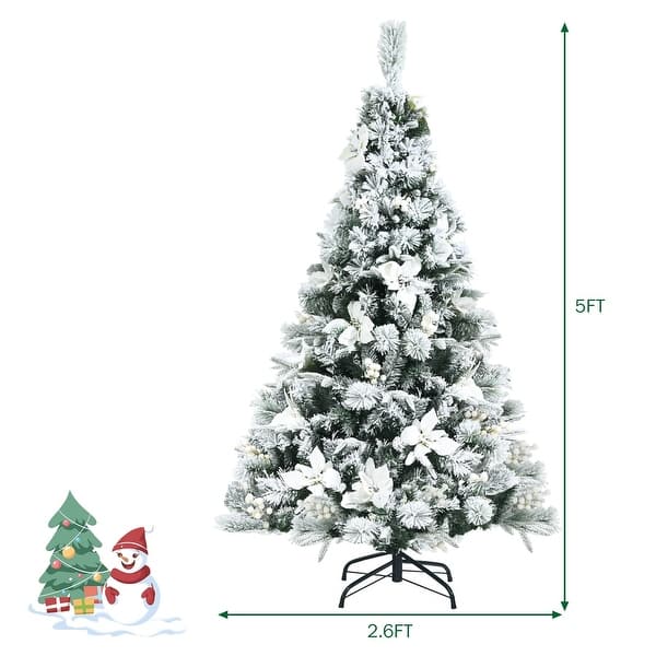 5ft Snow Flocked Hinged Christmas Tree with Berries and Poinsettia ...