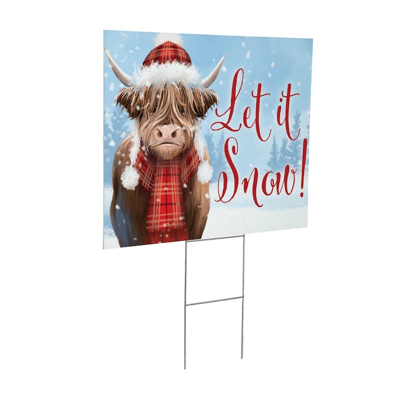 Holiday Highland Cow Yard Sign - "Let It Snow" - 24" x 18" - Multicolor
