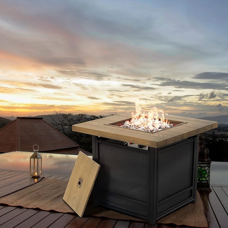 29 Inch Propane Fire Pit, Outdoor Fire Pit Wood Grain Square Smokeless Firepit Table with Sling Base