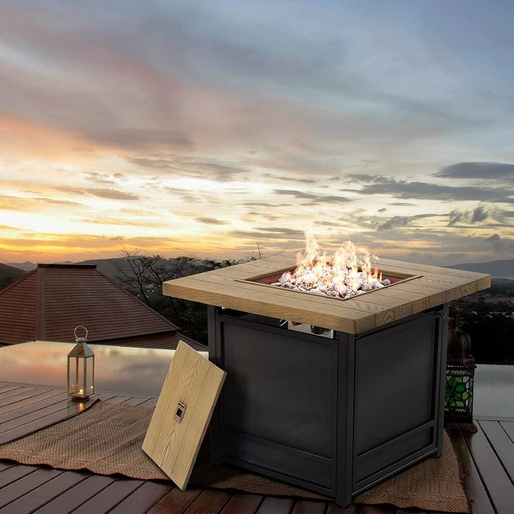 29 Inch Propane Fire Pit, Outdoor Fire Pit Wood Grain Square Smokeless Firepit Table with Sling Base