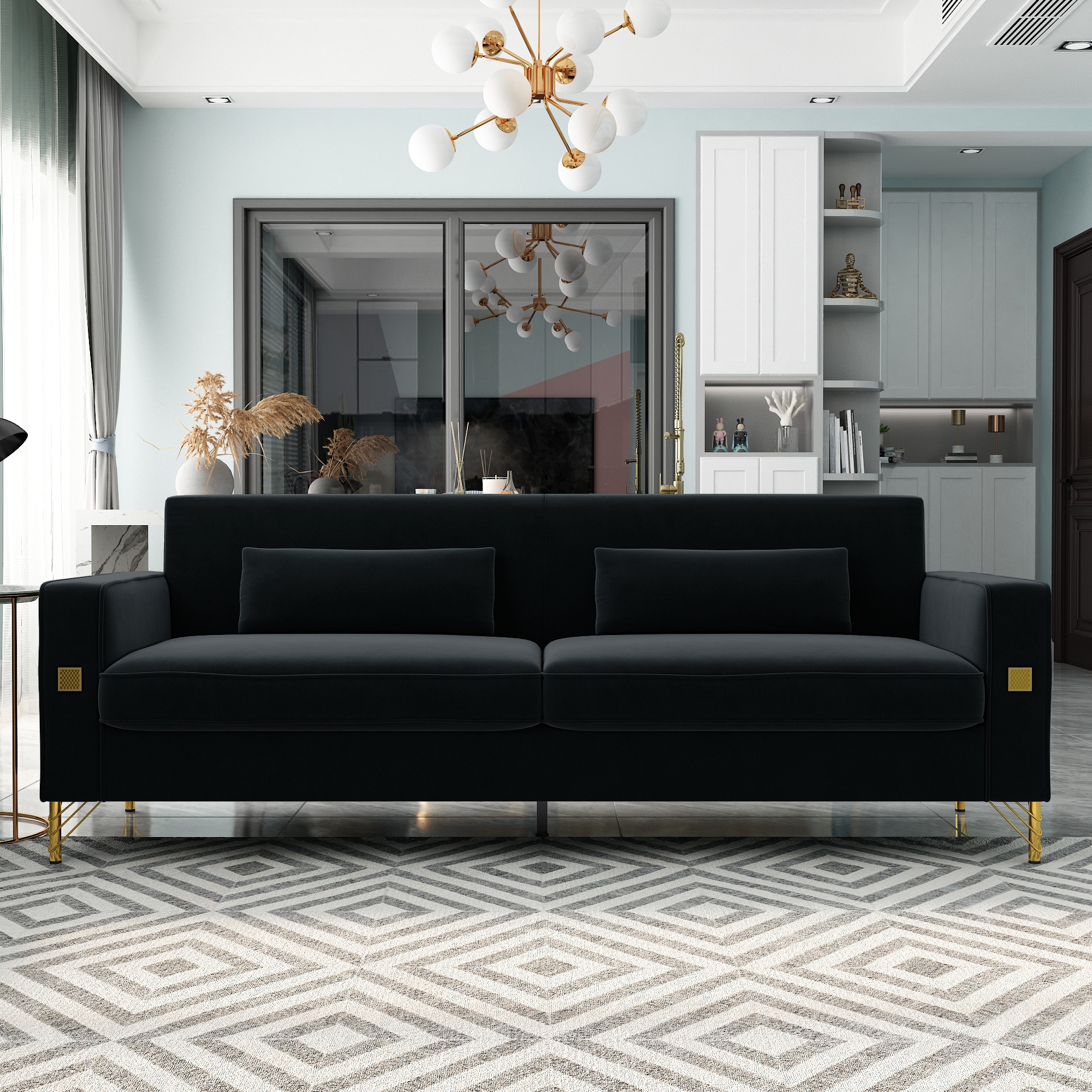 85.5 Luxury Velvet Upholstered 3 Seater Sofa with Gold Legs Black