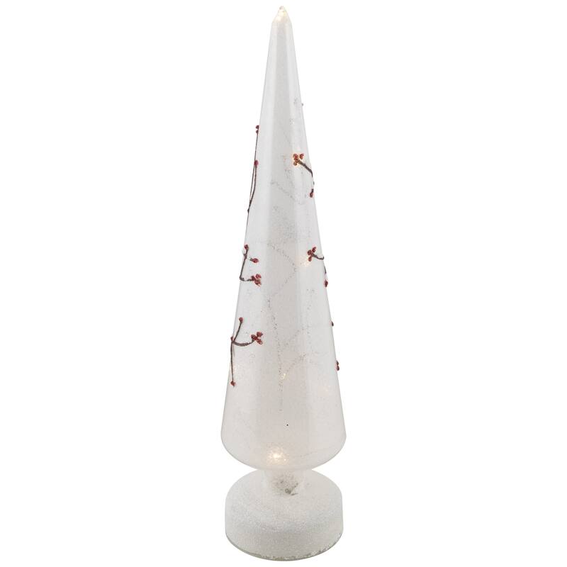 LED Lighted Birds on Branches Frosted Glass Cone Christmas TreeDecoration - 16"