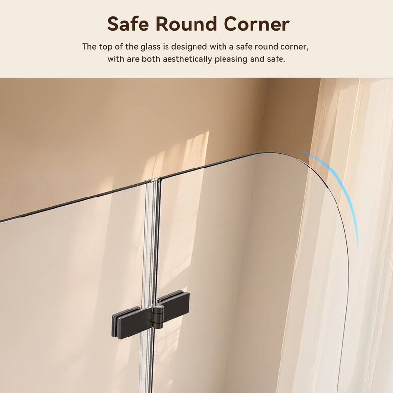 34" W x 58" H Frameless Folding Pivot Bathtub Shower Door, 1/4" Tempered Glass, Matte Black, Bifold Reversible Panel - 34x58"