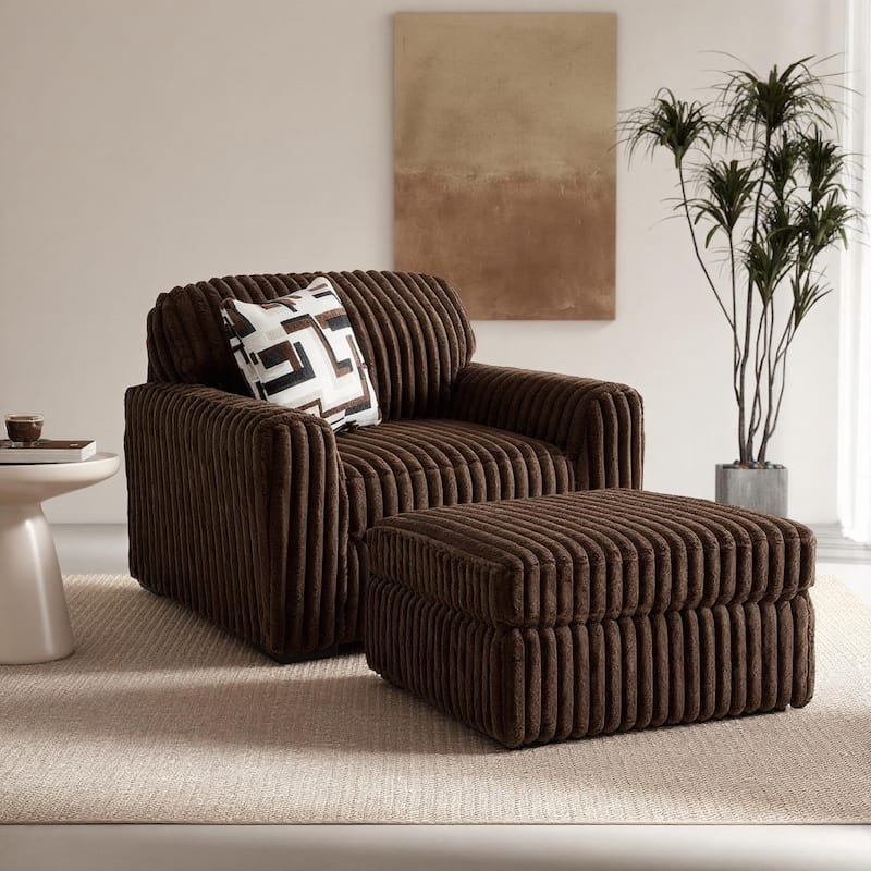 Roundhill Furniture Solenne Chair and Ottoman Set, Oversized Chair and Ottoman with Jumbo Corduroy Upholstery - Brown