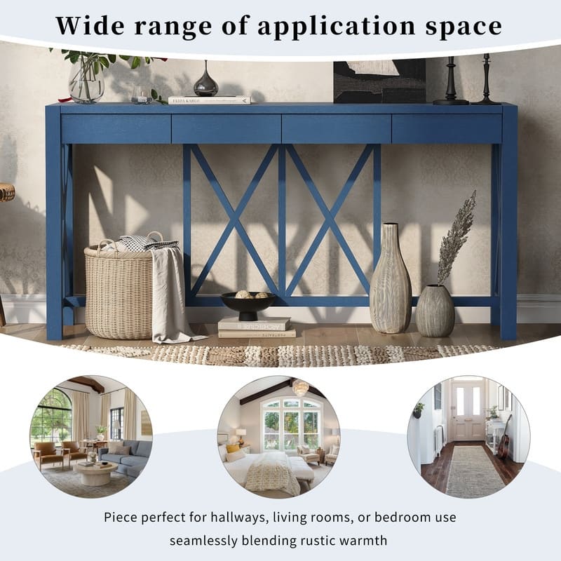 60''Acacia Veneer Console Table with 4 Spacious Drawers, Modern Crisscross Design Entryway Table with Open Bottom Storage