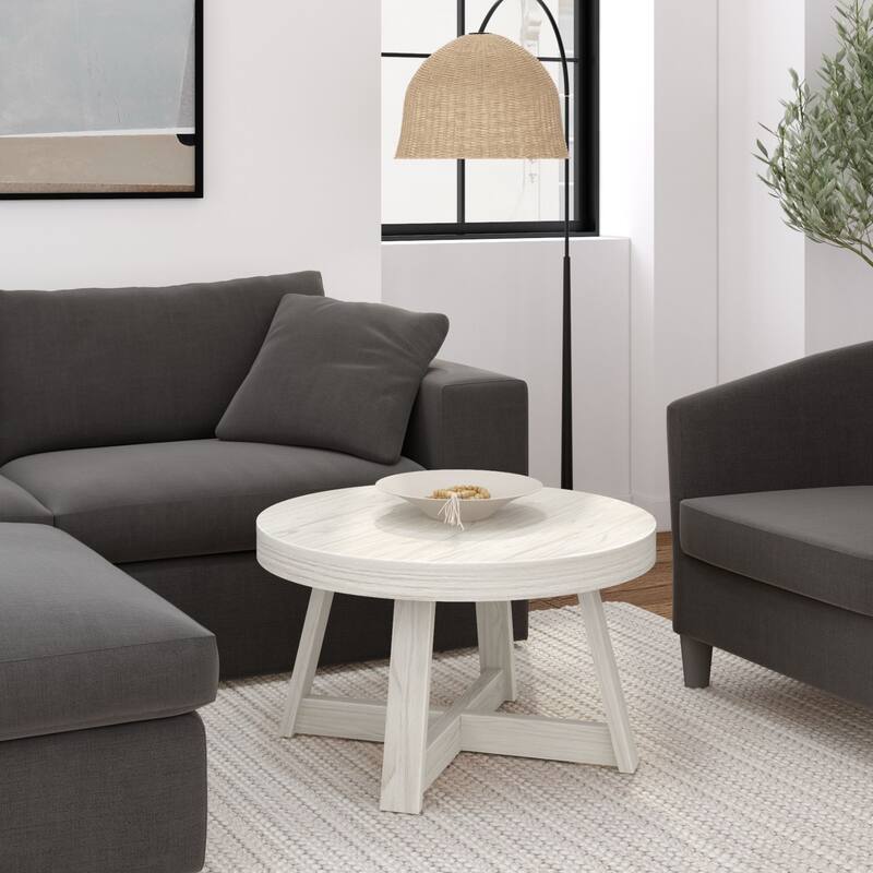 Plank and Beam Classic Round Coffee Table - 30" - Coastal White Wirebrush