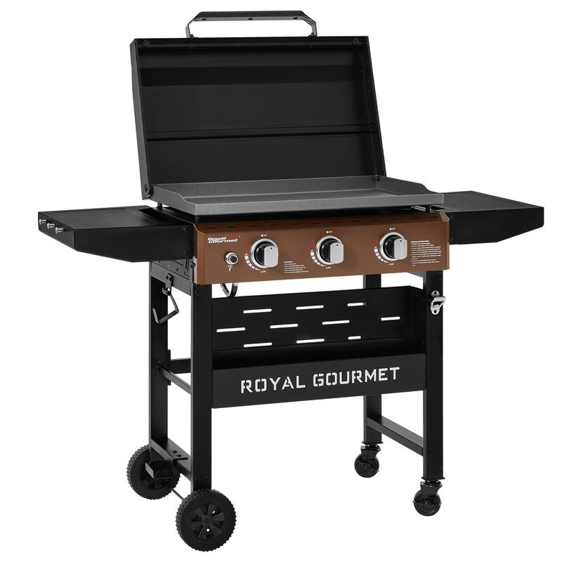 Royal Gourmet 3-Burner Gas Griddle with Hood and Side Shelves