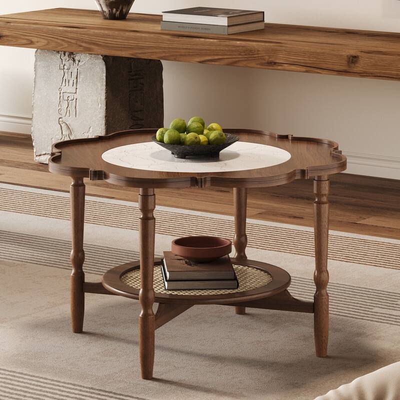 Mid-Century Style Coffee Table with Petal Shape and White Crackle Pattern Glass,2-Tiered Coffee Table with Rattan,Walnut,31.5"