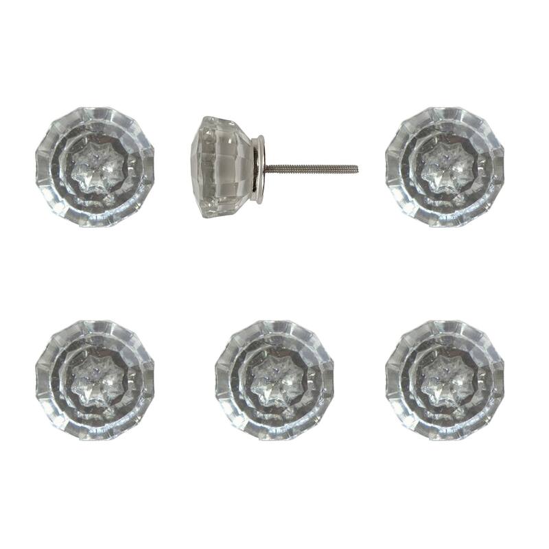 HomeRoots Set of Six Clear Faceted Glass Drawer Pull Knobs - 1.75 in. x 1.00 in. x 1.75 in.