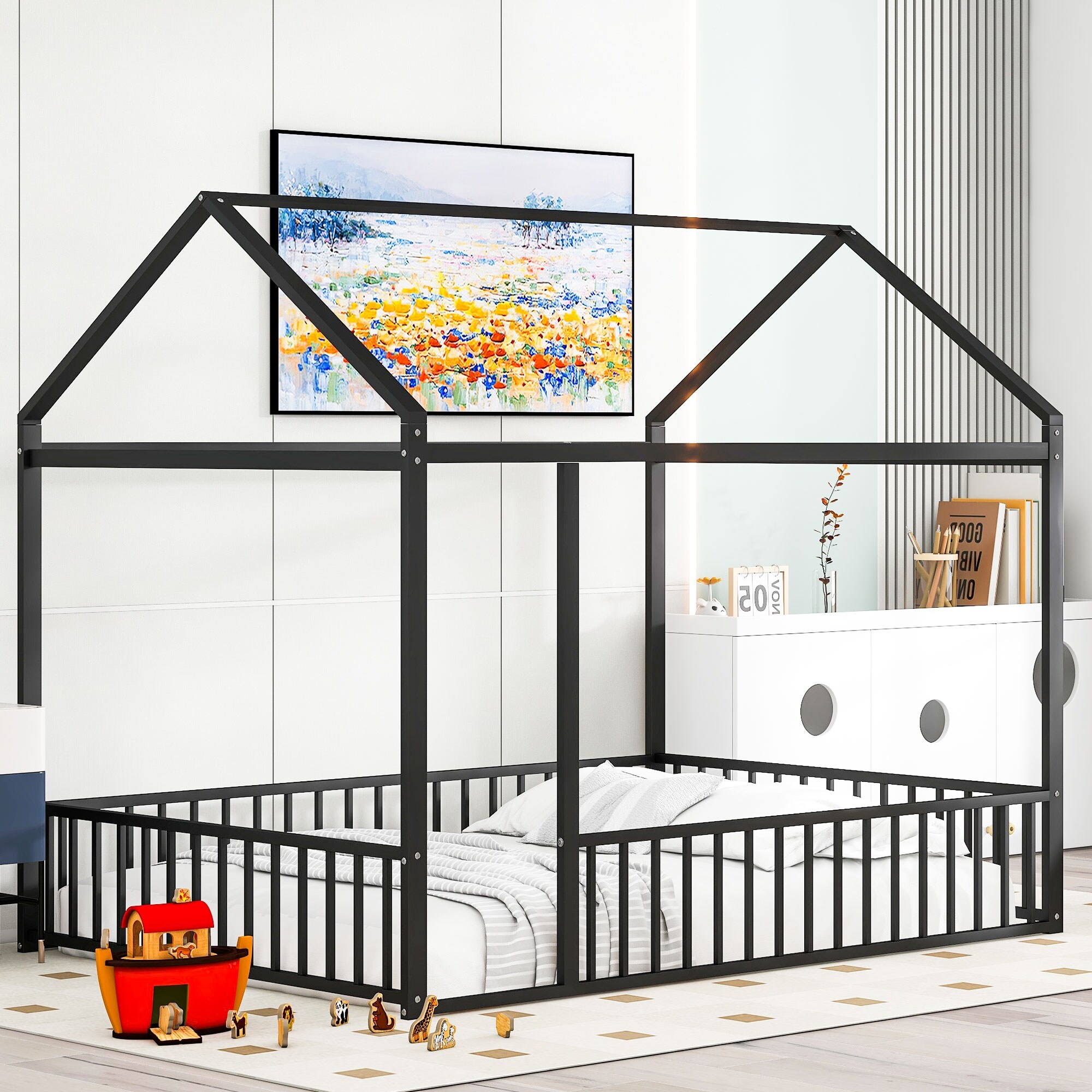 Full Size House Bed with Rails Metal Floor Bed for Kids Montessori Bed Frame with Roof Twin Playhouse Bed for Boys Girl Black