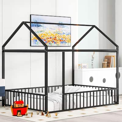 Full Size Metal Bed House Bed Frame with Fence, for Kids, Teens, Girls, Boys,Black